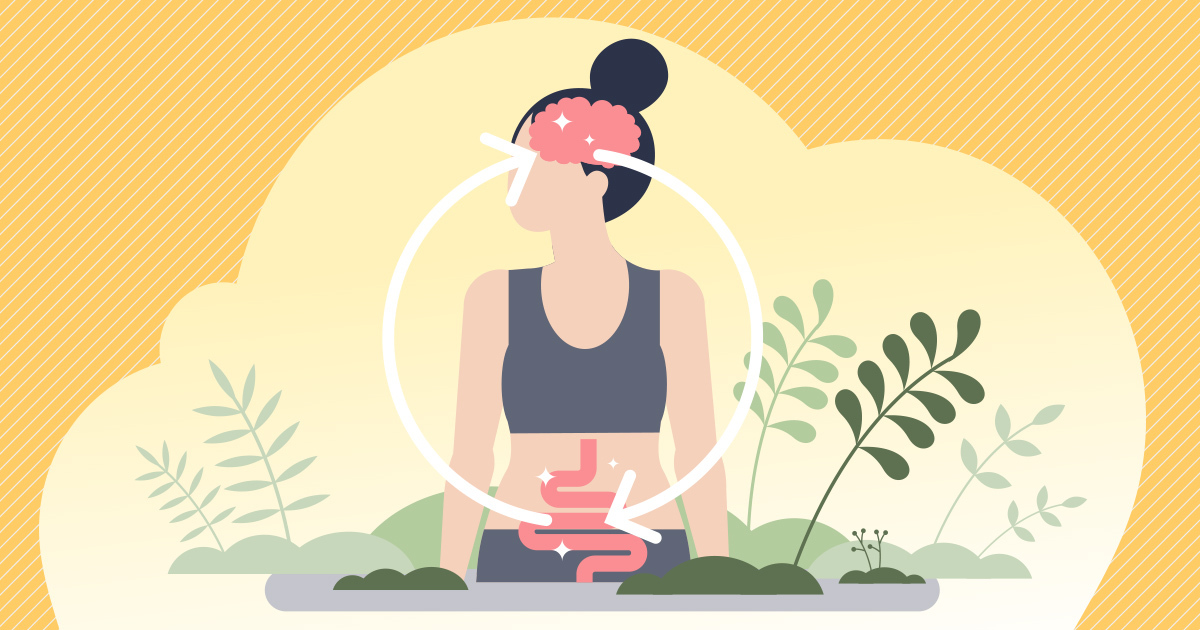 How Gut Health Impacts Your Brain Illustration of a woman with a circle linking her brain and gut